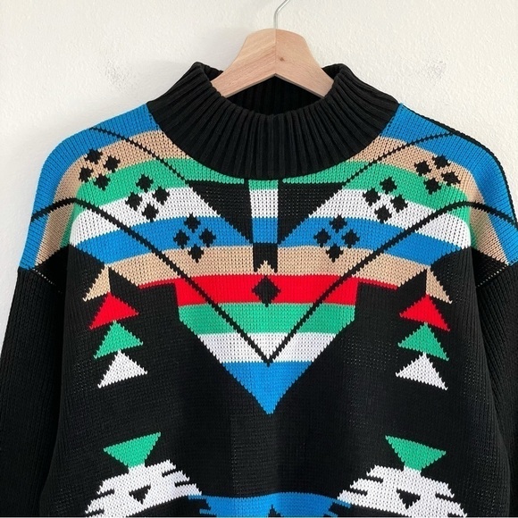 Vintage 90s Mock Neck Patterned Knit Pullover Sweater Black Multicolor Medium - Picture 3 of 11